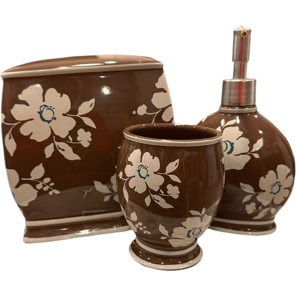 3 Pc Wamsutta Springs Baja Chocolate Floral Bathroom Tissue Cover Cup Soap Pump